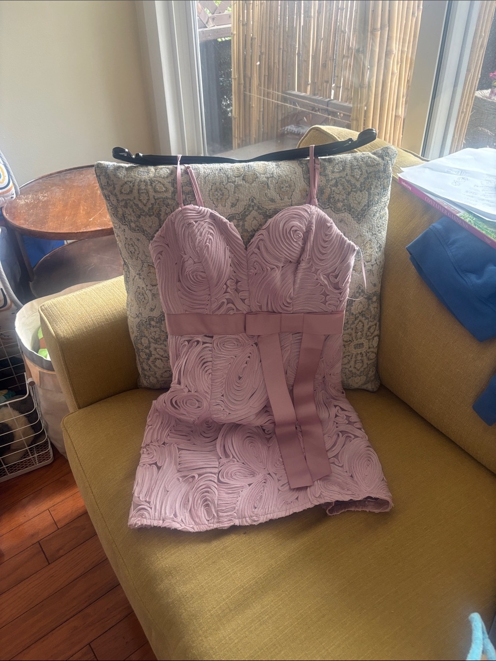 Dusty Rose Spaghetti Strap Textured Mini Dress with Satin Waist Tie